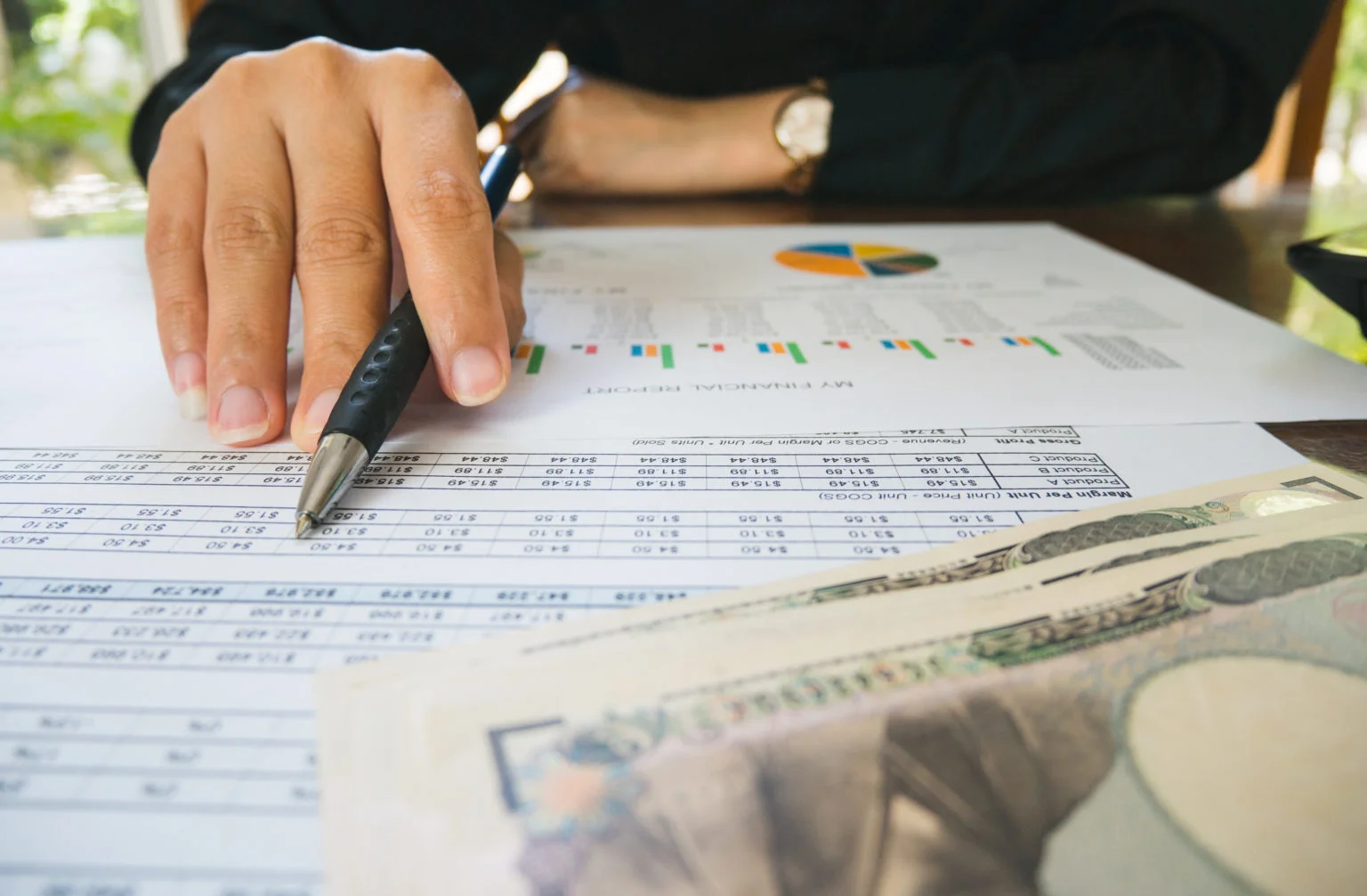 Woman's hand holding a pen looking a spreadsheet