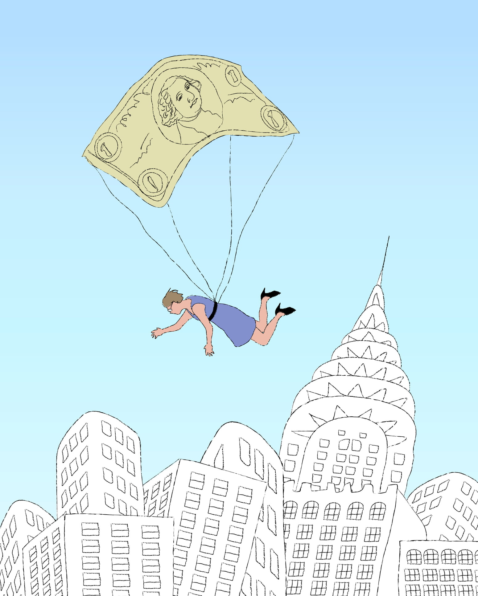 Woman falling on money parachute