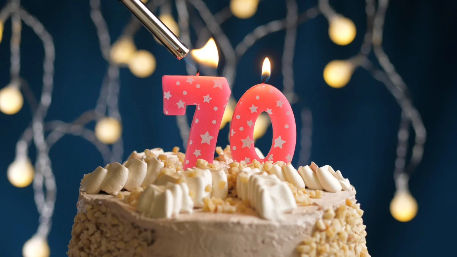 Birthday,Cake,With,70,Number,Candle,On,Blue,Backgraund,Set
